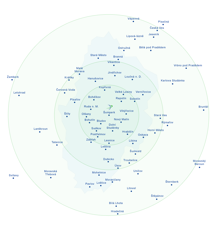 mapa dojezdu technika